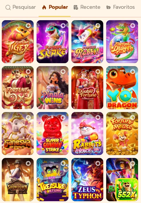 Tela de slot games otimizada para mobile